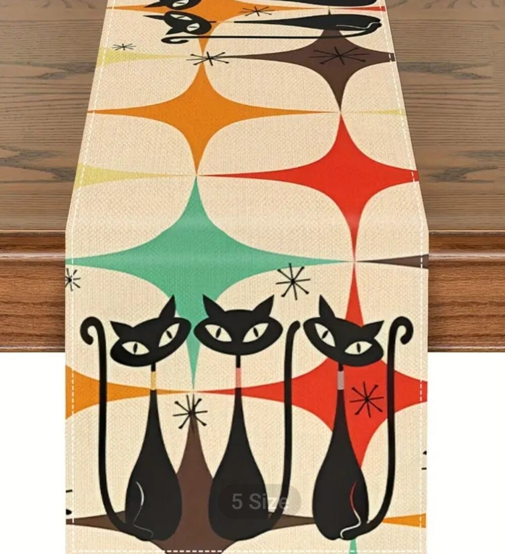 MCM Atomic Cats Table Runner 13"X72" Mid Century Modern Geometric 50s-60s Retro